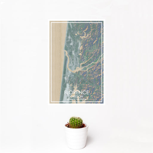 12x18 Florence Oregon Map Print Portrait Orientation in Afternoon Style With Small Cactus Plant in White Planter