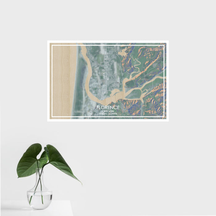 16x24 Florence Oregon Map Print Landscape Orientation in Afternoon Style With Tropical Plant Leaves in Water