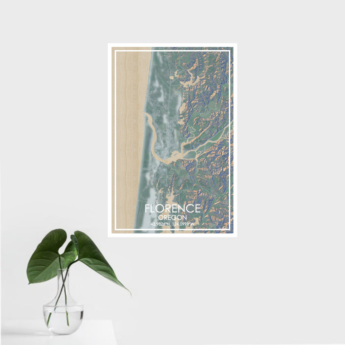 16x24 Florence Oregon Map Print Portrait Orientation in Afternoon Style With Tropical Plant Leaves in Water