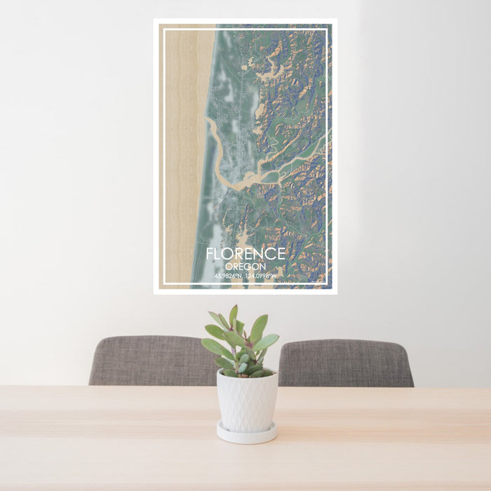 24x36 Florence Oregon Map Print Portrait Orientation in Afternoon Style Behind 2 Chairs Table and Potted Plant