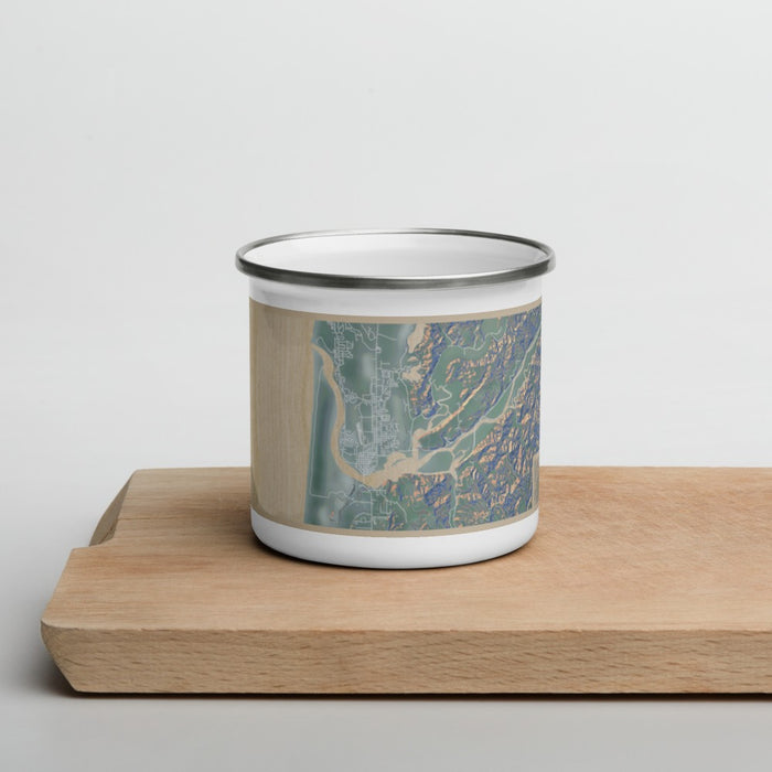Front View Custom Florence Oregon Map Enamel Mug in Afternoon on Cutting Board