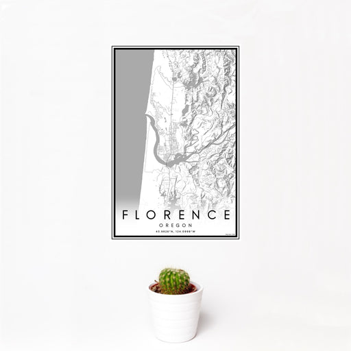 12x18 Florence Oregon Map Print Portrait Orientation in Classic Style With Small Cactus Plant in White Planter