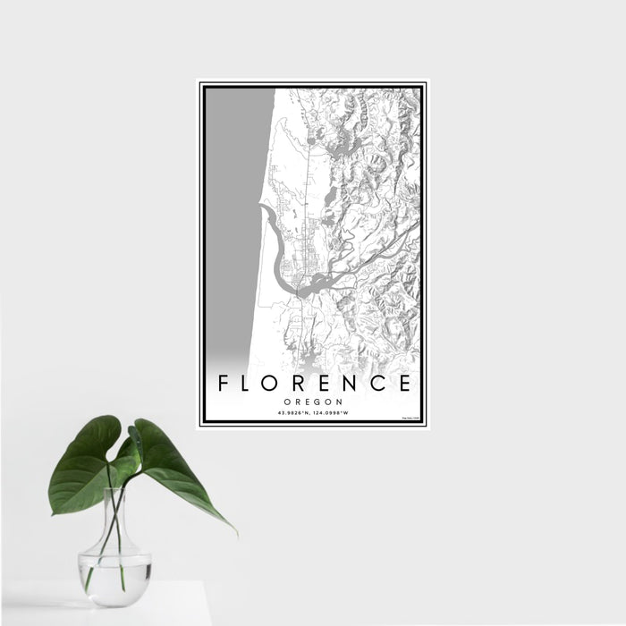 16x24 Florence Oregon Map Print Portrait Orientation in Classic Style With Tropical Plant Leaves in Water