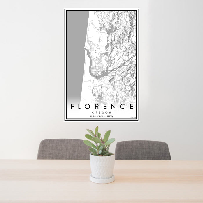 24x36 Florence Oregon Map Print Portrait Orientation in Classic Style Behind 2 Chairs Table and Potted Plant