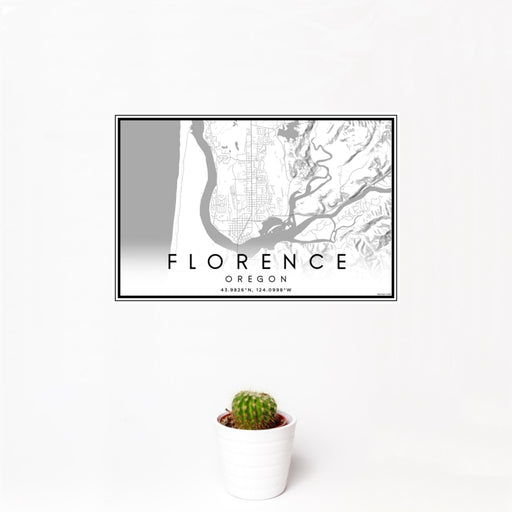 12x18 Florence Oregon Map Print Landscape Orientation in Classic Style With Small Cactus Plant in White Planter