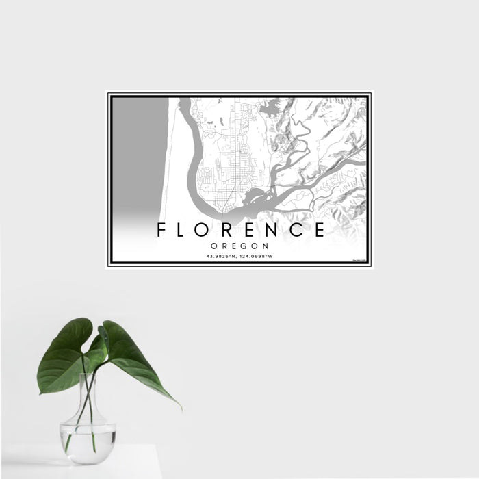 16x24 Florence Oregon Map Print Landscape Orientation in Classic Style With Tropical Plant Leaves in Water