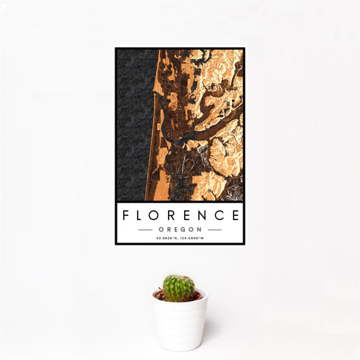 12x18 Florence Oregon Map Print Portrait Orientation in Ember Style With Small Cactus Plant in White Planter