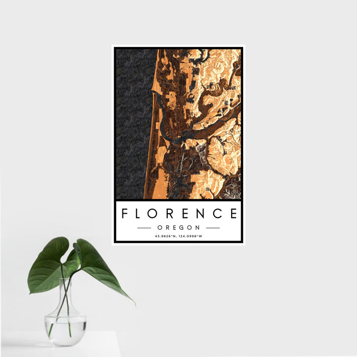 16x24 Florence Oregon Map Print Portrait Orientation in Ember Style With Tropical Plant Leaves in Water