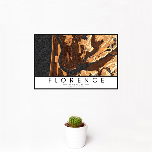 12x18 Florence Oregon Map Print Landscape Orientation in Ember Style With Small Cactus Plant in White Planter