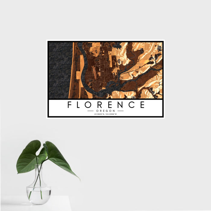 16x24 Florence Oregon Map Print Landscape Orientation in Ember Style With Tropical Plant Leaves in Water