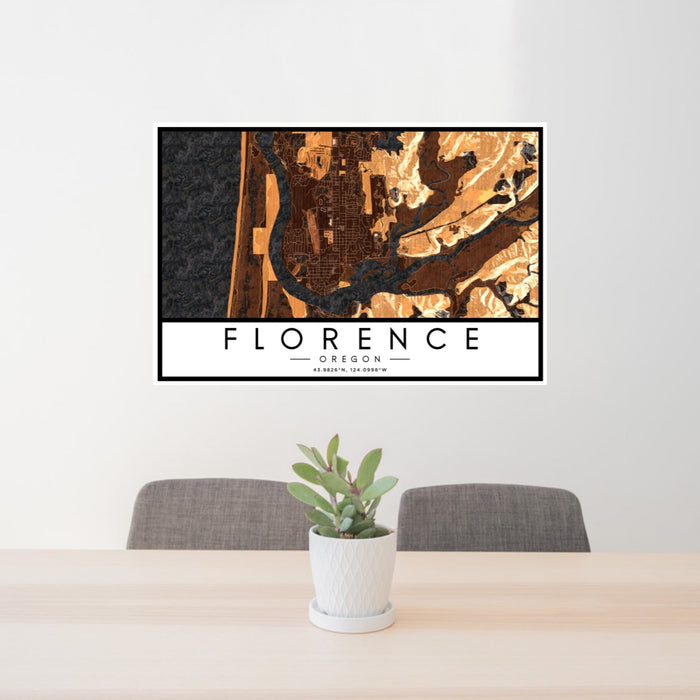 24x36 Florence Oregon Map Print Landscape Orientation in Ember Style Behind 2 Chairs Table and Potted Plant