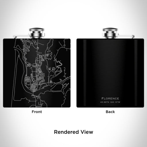 Rendered View of Florence Oregon Map Engraving on 6oz Stainless Steel Flask in Black