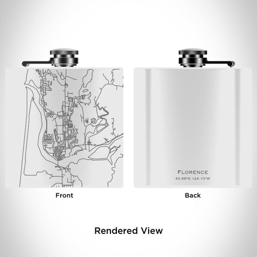 Rendered View of Florence Oregon Map Engraving on 6oz Stainless Steel Flask in White