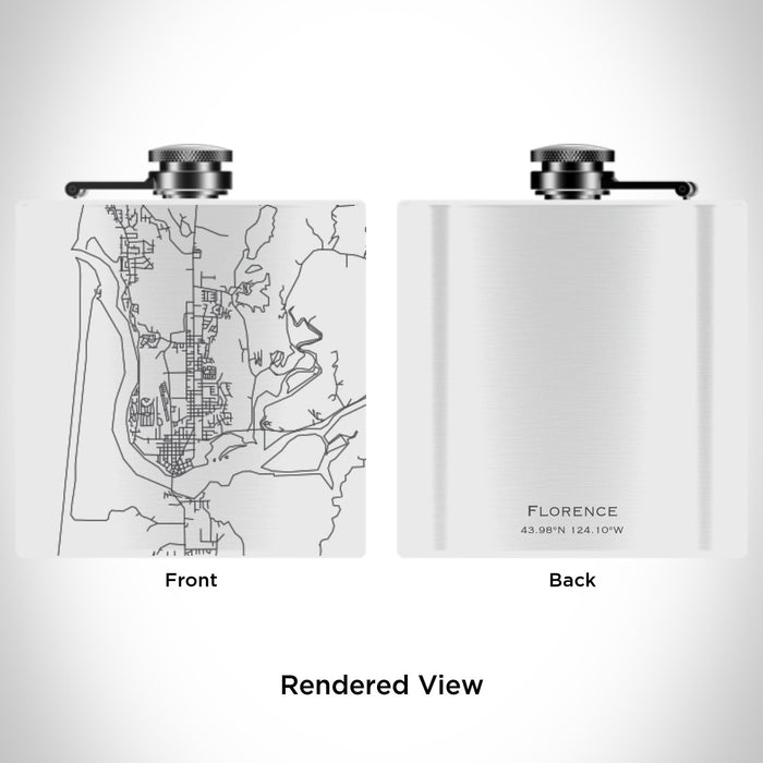 Rendered View of Florence Oregon Map Engraving on 6oz Stainless Steel Flask in White