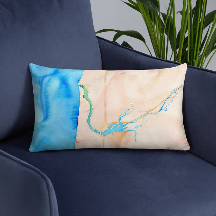 Custom Florence Oregon Map Throw Pillow in Watercolor on Blue Colored Chair
