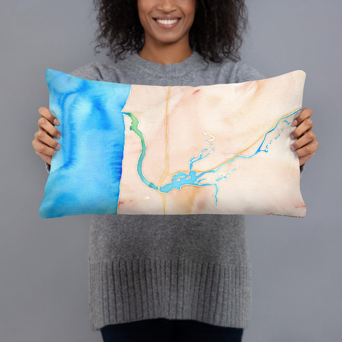 Person holding 20x12 Custom Florence Oregon Map Throw Pillow in Watercolor