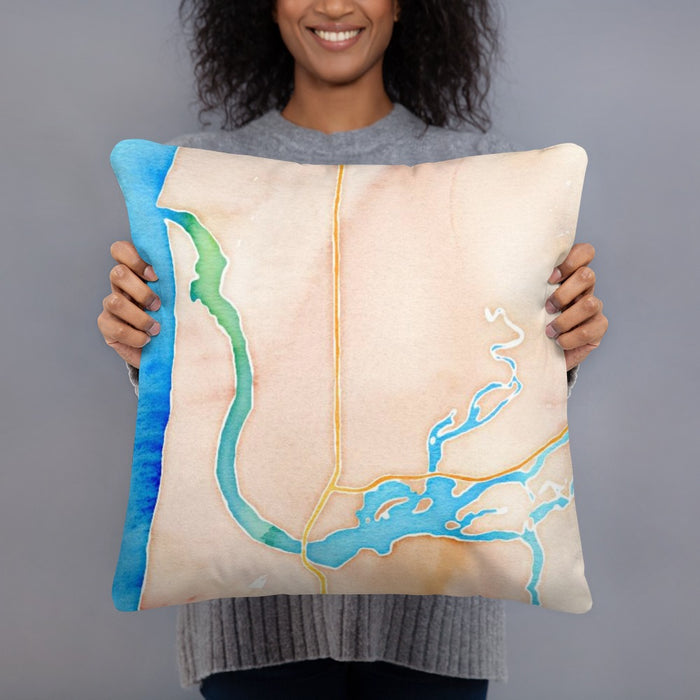 Person holding 18x18 Custom Florence Oregon Map Throw Pillow in Watercolor