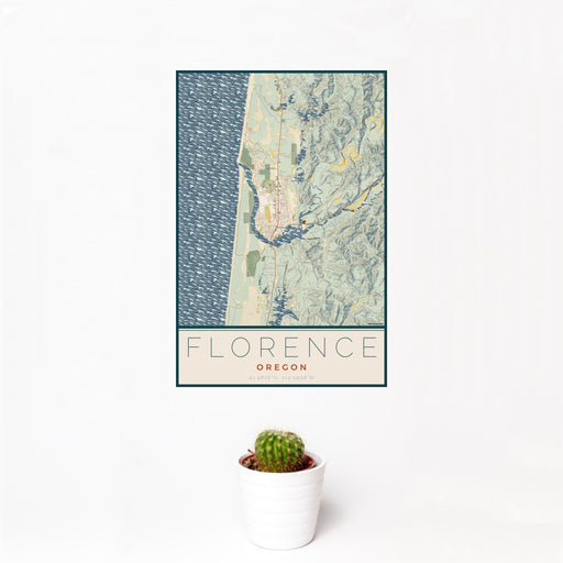 12x18 Florence Oregon Map Print Portrait Orientation in Woodblock Style With Small Cactus Plant in White Planter
