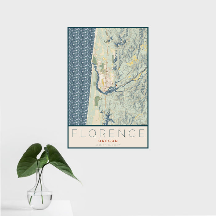 16x24 Florence Oregon Map Print Portrait Orientation in Woodblock Style With Tropical Plant Leaves in Water