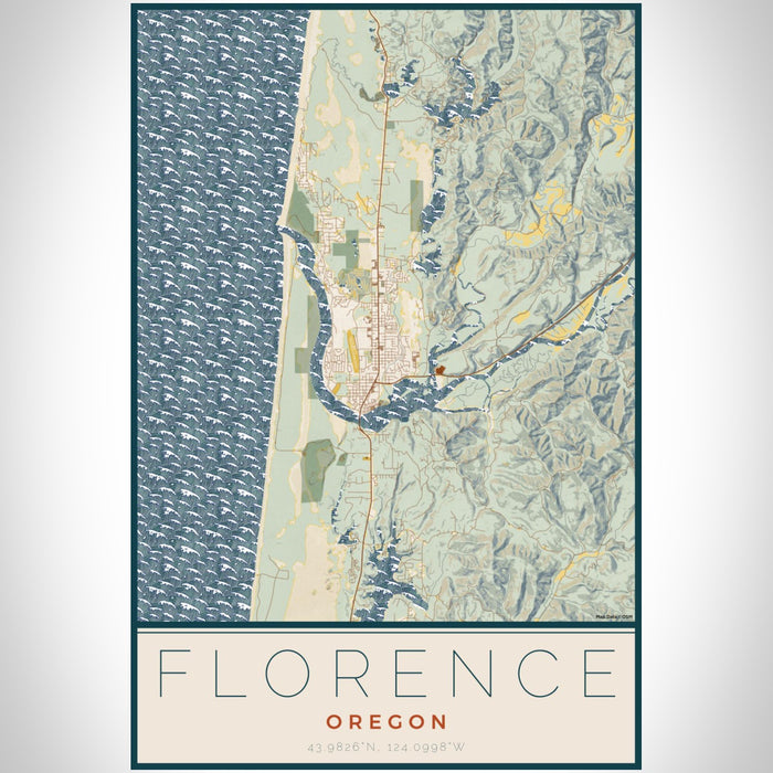 Florence Oregon Map Print Portrait Orientation in Woodblock Style With Shaded Background
