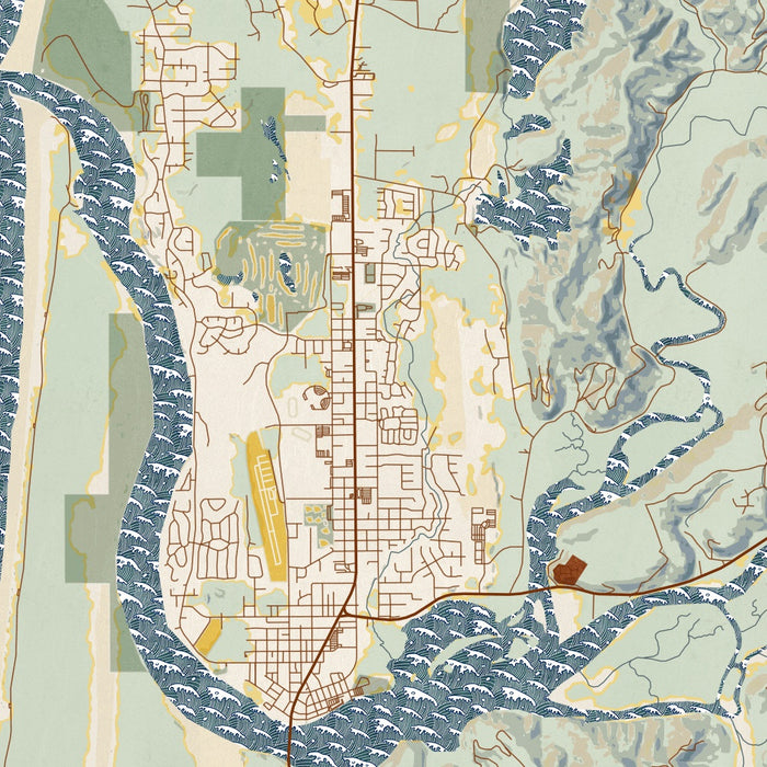 Florence Oregon Map Print in Woodblock Style Zoomed In Close Up Showing Details