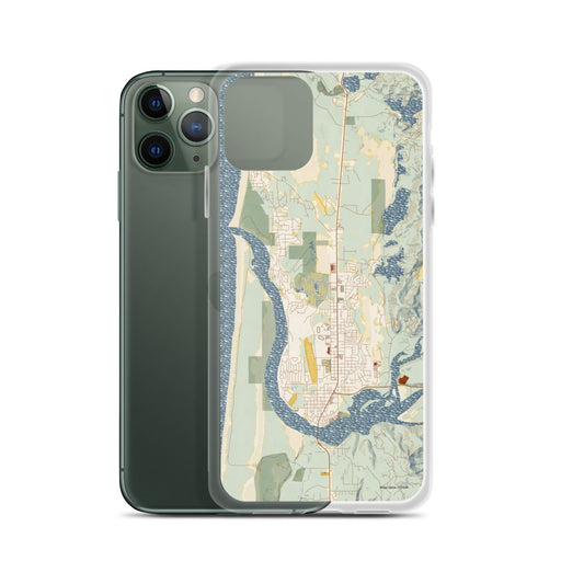 Custom Florence Oregon Map Phone Case in Woodblock on Table with Laptop and Plant