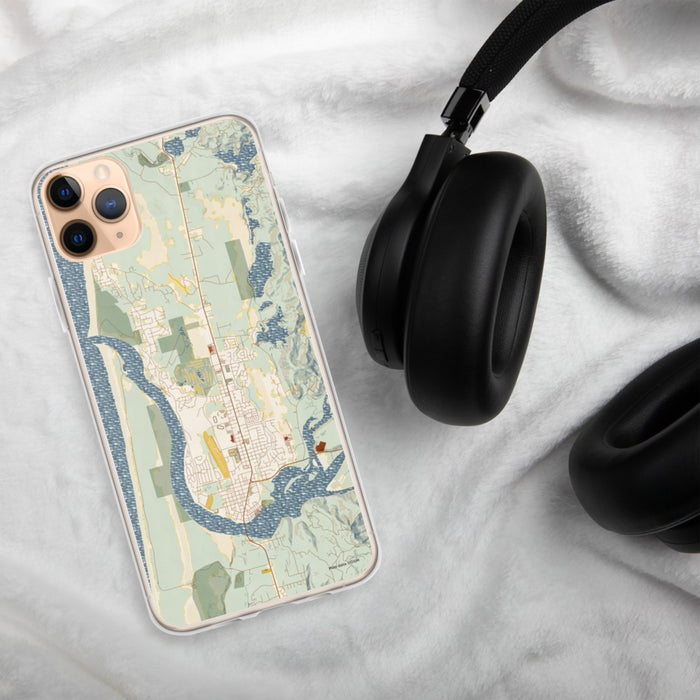 Custom Florence Oregon Map Phone Case in Woodblock on Table with Black Headphones