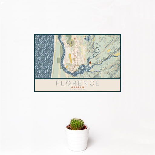 12x18 Florence Oregon Map Print Landscape Orientation in Woodblock Style With Small Cactus Plant in White Planter