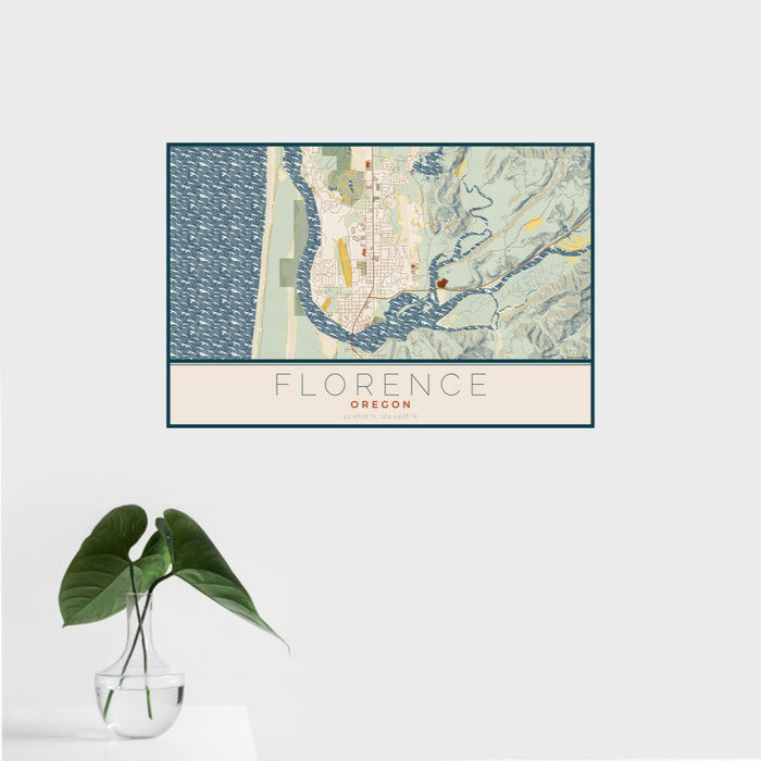16x24 Florence Oregon Map Print Landscape Orientation in Woodblock Style With Tropical Plant Leaves in Water