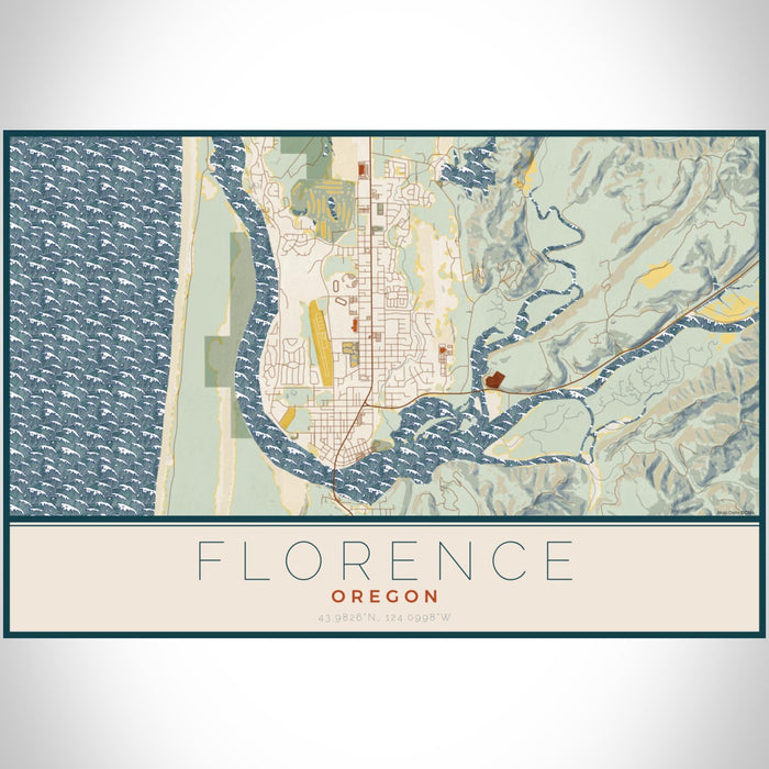 Florence Oregon Map Print Landscape Orientation in Woodblock Style With Shaded Background