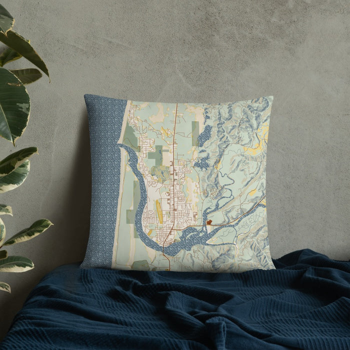 Custom Florence Oregon Map Throw Pillow in Woodblock on Bedding Against Wall