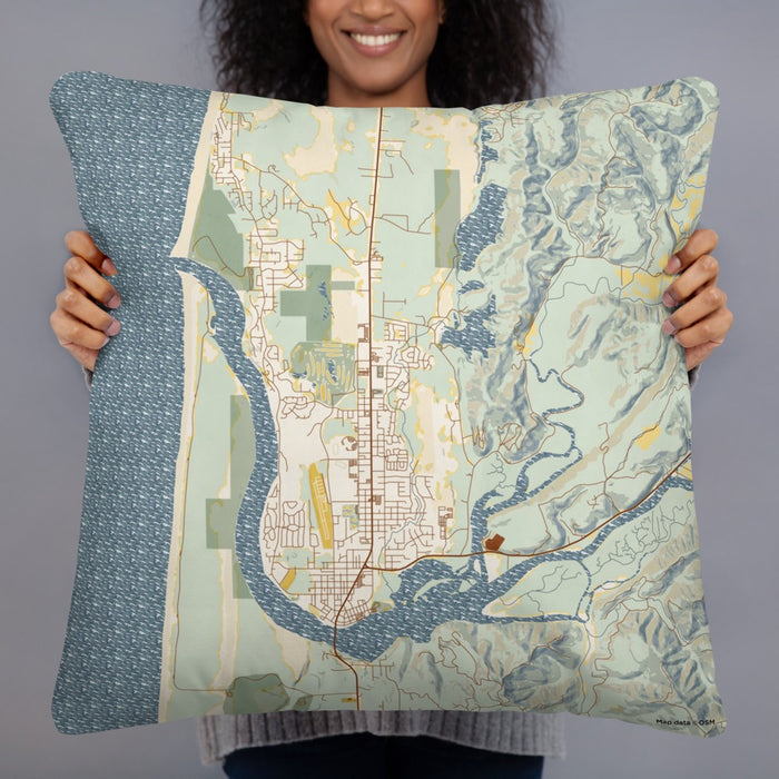 Person holding 22x22 Custom Florence Oregon Map Throw Pillow in Woodblock