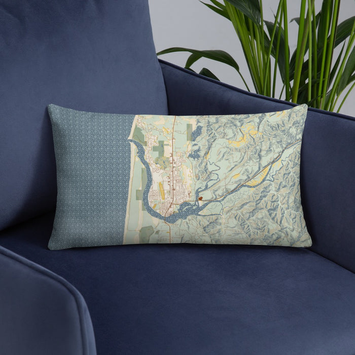 Custom Florence Oregon Map Throw Pillow in Woodblock on Blue Colored Chair