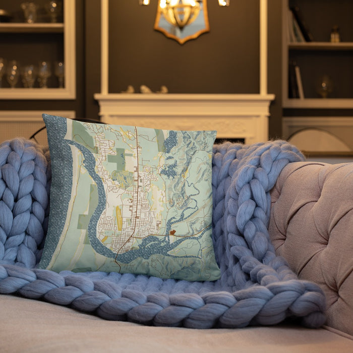 Custom Florence Oregon Map Throw Pillow in Woodblock on Cream Colored Couch