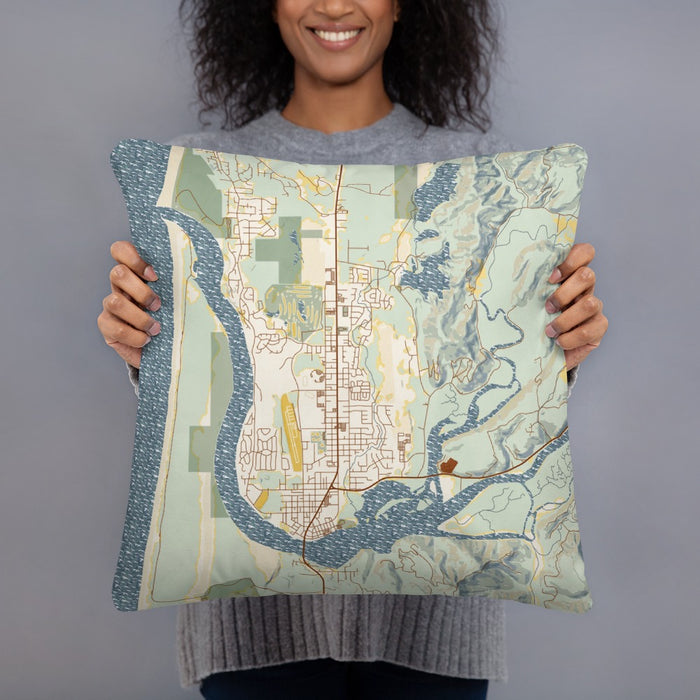 Person holding 18x18 Custom Florence Oregon Map Throw Pillow in Woodblock