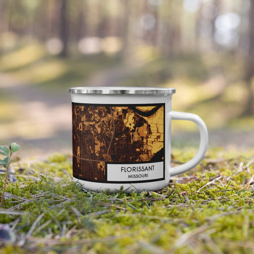 Right View Custom Florissant Missouri Map Enamel Mug in Ember on Grass With Trees in Background