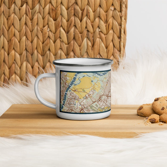 Left View Custom Florissant Missouri Map Enamel Mug in Woodblock on Table Top