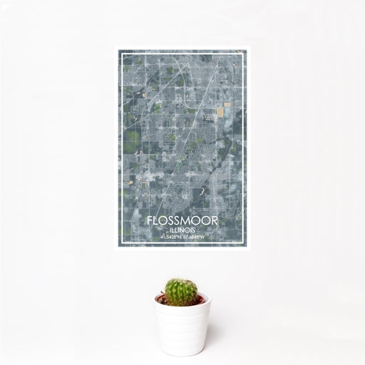 12x18 Flossmoor Illinois Map Print Portrait Orientation in Afternoon Style With Small Cactus Plant in White Planter