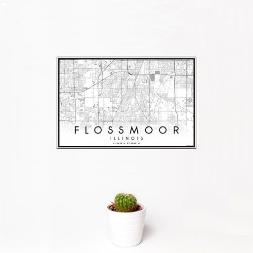 12x18 Flossmoor Illinois Map Print Landscape Orientation in Classic Style With Small Cactus Plant in White Planter