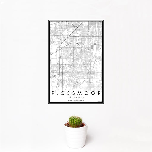 12x18 Flossmoor Illinois Map Print Portrait Orientation in Classic Style With Small Cactus Plant in White Planter