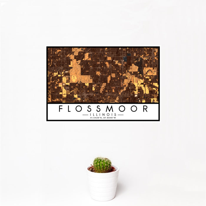 12x18 Flossmoor Illinois Map Print Landscape Orientation in Ember Style With Small Cactus Plant in White Planter