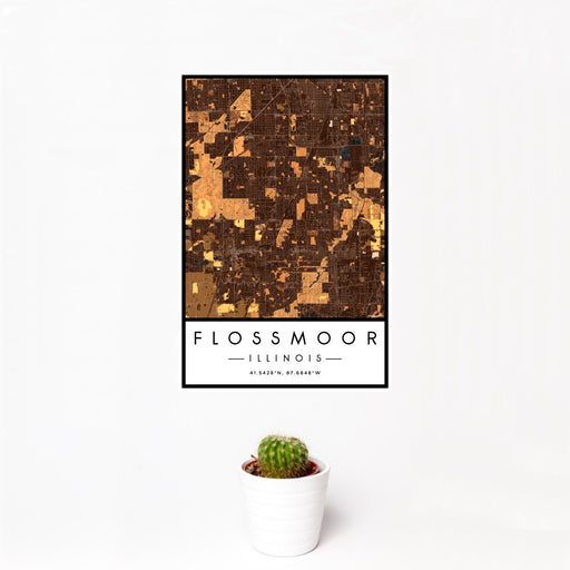 12x18 Flossmoor Illinois Map Print Portrait Orientation in Ember Style With Small Cactus Plant in White Planter