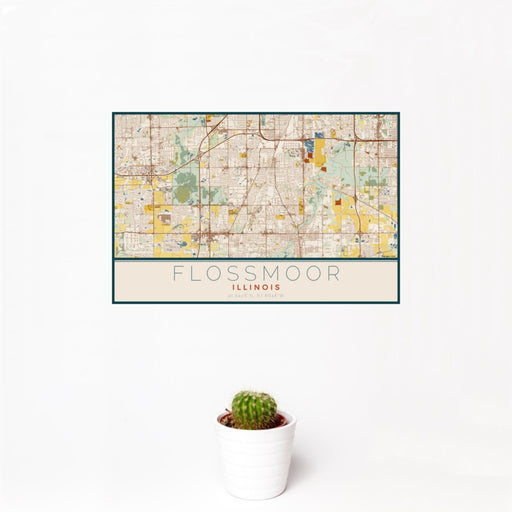 12x18 Flossmoor Illinois Map Print Landscape Orientation in Woodblock Style With Small Cactus Plant in White Planter