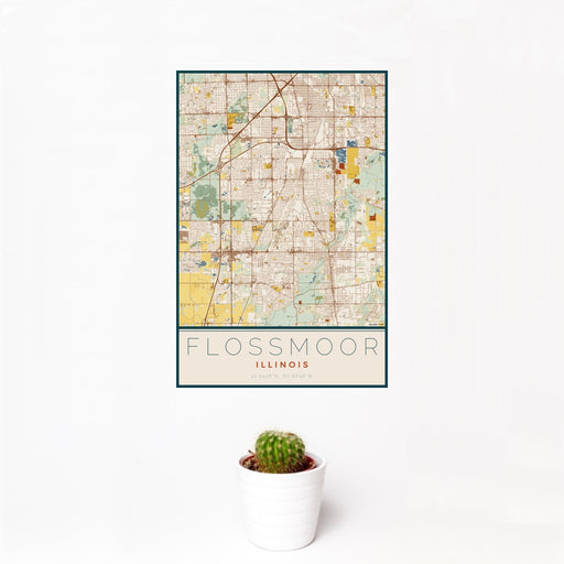 12x18 Flossmoor Illinois Map Print Portrait Orientation in Woodblock Style With Small Cactus Plant in White Planter