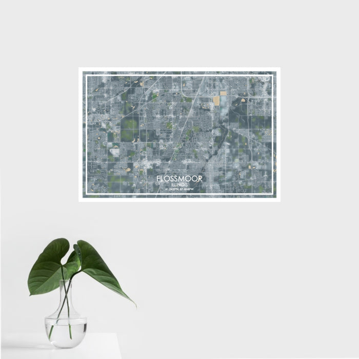 16x24 Flossmoor Illinois Map Print Landscape Orientation in Afternoon Style With Tropical Plant Leaves in Water