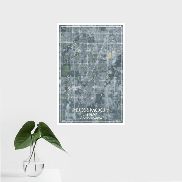 16x24 Flossmoor Illinois Map Print Portrait Orientation in Afternoon Style With Tropical Plant Leaves in Water