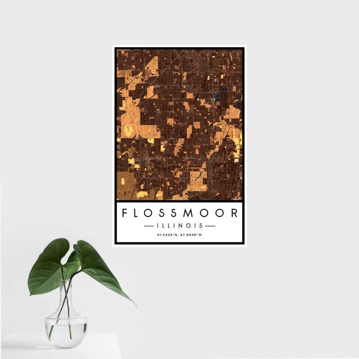 16x24 Flossmoor Illinois Map Print Portrait Orientation in Ember Style With Tropical Plant Leaves in Water