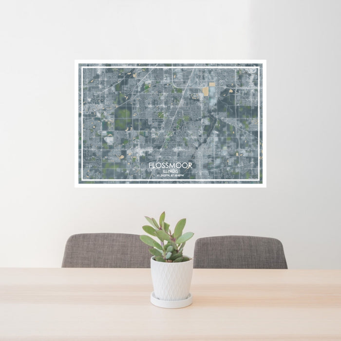 24x36 Flossmoor Illinois Map Print Lanscape Orientation in Afternoon Style Behind 2 Chairs Table and Potted Plant