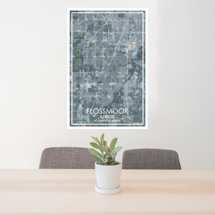 24x36 Flossmoor Illinois Map Print Portrait Orientation in Afternoon Style Behind 2 Chairs Table and Potted Plant