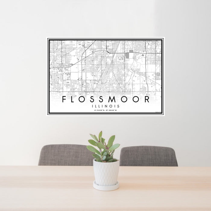 24x36 Flossmoor Illinois Map Print Lanscape Orientation in Classic Style Behind 2 Chairs Table and Potted Plant